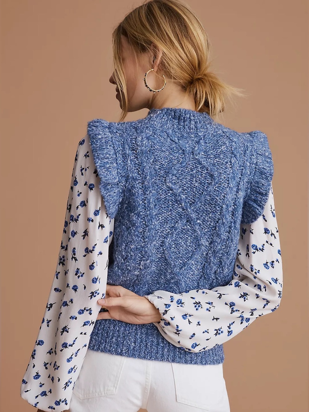 Anthropologie Maeve Layered Sweater Vest Blue White Floral L - Picture 3 of 14